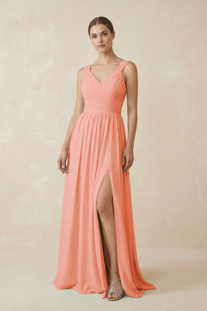A - Line Pleated Chiffon Long Bridesmaid Dress in Rosette - KissProm Bridesmaid Dresses