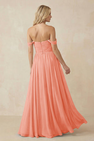 A - Line Pleated Chiffon Long Bridesmaid Dress in Rosette - KissProm Bridesmaid Dresses