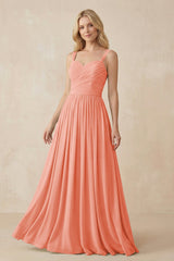 A - Line Pleated Chiffon Long Bridesmaid Dress in Rosette - KissProm Bridesmaid Dresses