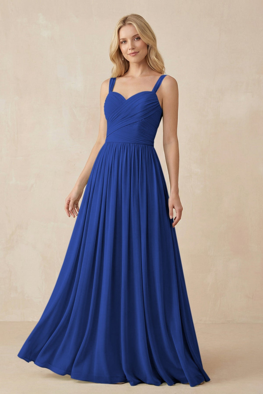 A - Line Pleated Chiffon Long Bridesmaid Dress in Royal Blue - KissProm Bridesmaid Dresses