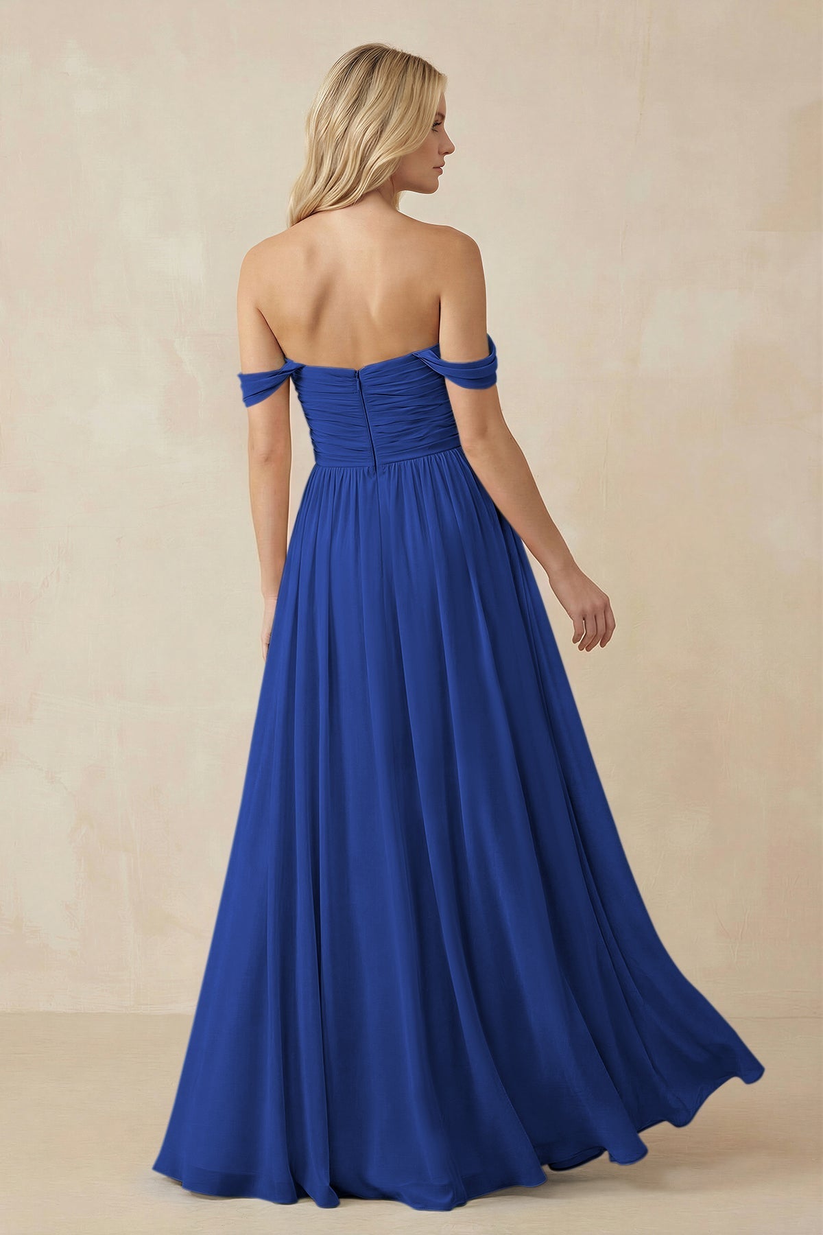 KissProm A-Line Pleated Long Chiffon Bridesmaid Dress in Royal Blue, Royal Blue / 10