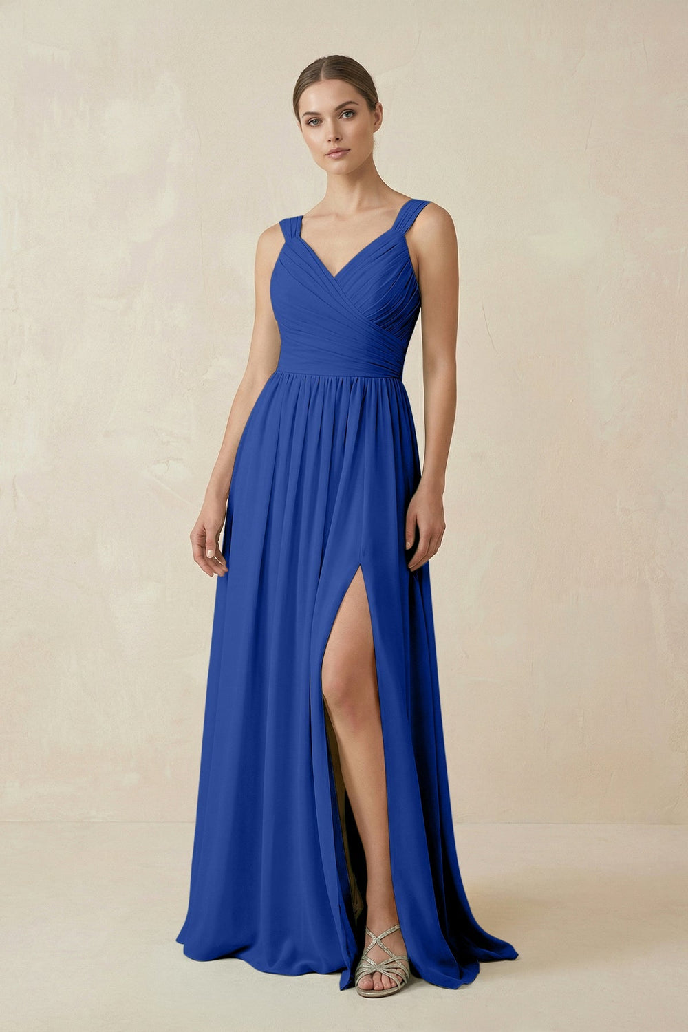 A - Line Pleated Chiffon Long Bridesmaid Dress in Royal Blue - KissProm Bridesmaid Dresses