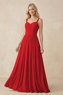 A - Line Pleated Chiffon Long Bridesmaid Dress in Ruby Red - KissProm Bridesmaid Dresses
