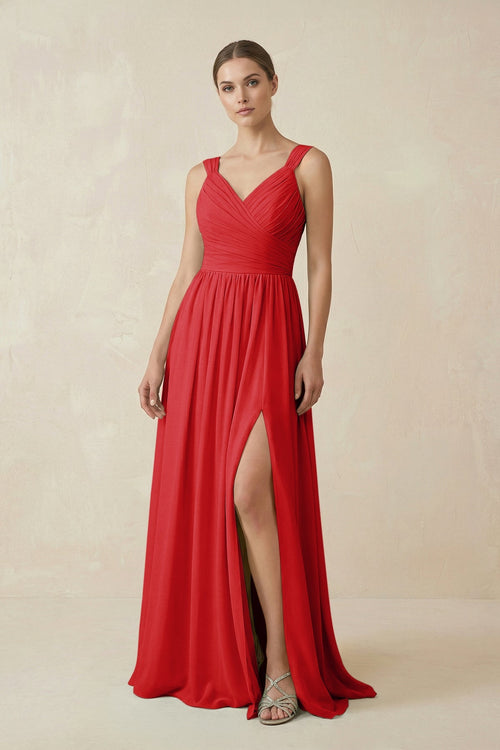 A - Line Pleated Chiffon Long Bridesmaid Dress in Ruby Red - KissProm Bridesmaid Dresses