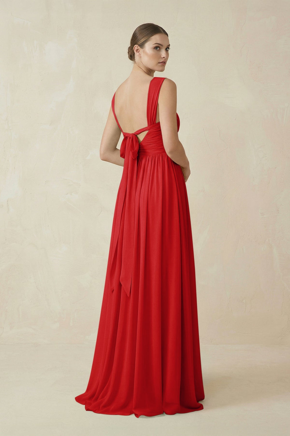 A - Line Pleated Chiffon Long Bridesmaid Dress in Ruby Red - KissProm Bridesmaid Dresses