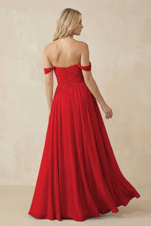 A - Line Pleated Chiffon Long Bridesmaid Dress in Ruby Red - KissProm Bridesmaid Dresses