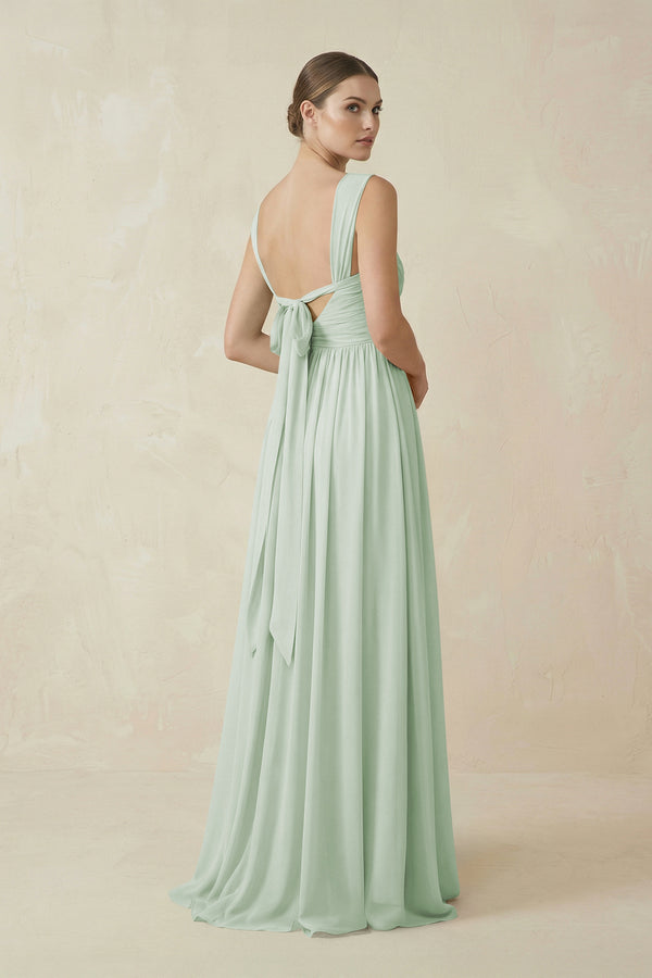 A - Line Pleated Chiffon Long Bridesmaid Dress in Sage - KissProm Bridesmaid Dresses
