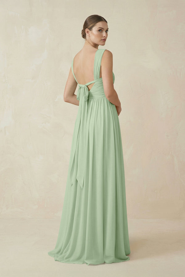 A - Line Pleated Chiffon Long Bridesmaid Dress in Sage - KissProm Bridesmaid Dresses