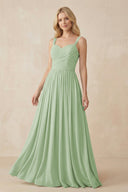 A - Line Pleated Chiffon Long Bridesmaid Dress in Sage - KissProm Bridesmaid Dresses