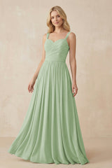 A - Line Pleated Chiffon Long Bridesmaid Dress in Sage - KissProm Bridesmaid Dresses