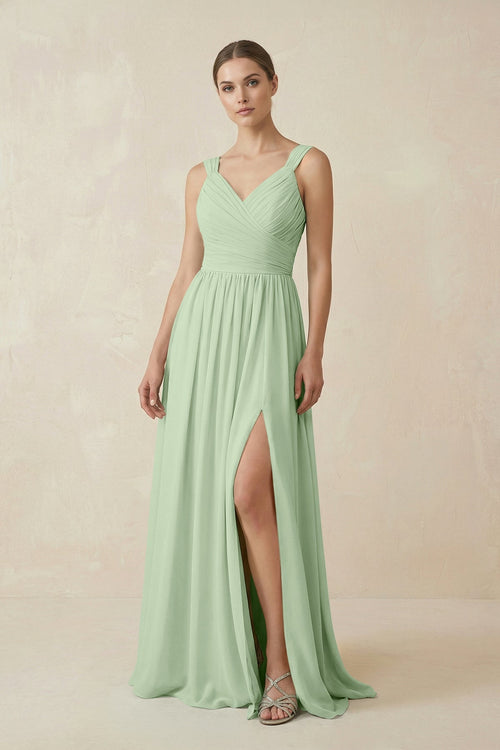 A-Line Pleated Chiffon Long Bridesmaid Dress in Sage, Sage / 6 A-Line Pleated Chiffon Long Bridesmaid Dress in Sage, Sage / 6