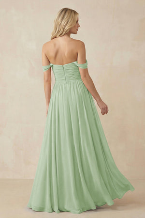 A - Line Pleated Chiffon Long Bridesmaid Dress in Sage - KissProm Bridesmaid Dresses