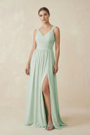 A - Line Pleated Chiffon Long Bridesmaid Dress in Sage - KissProm Bridesmaid Dresses