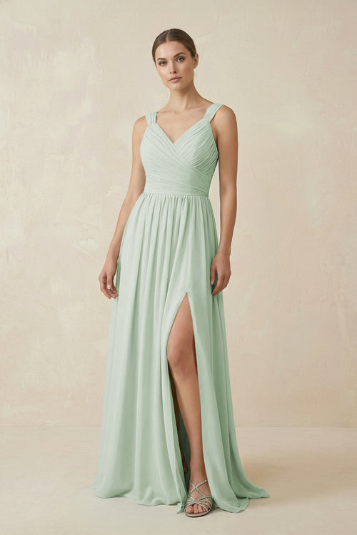 A - Line Pleated Chiffon Long Bridesmaid Dress in Sage - KissProm Bridesmaid Dresses