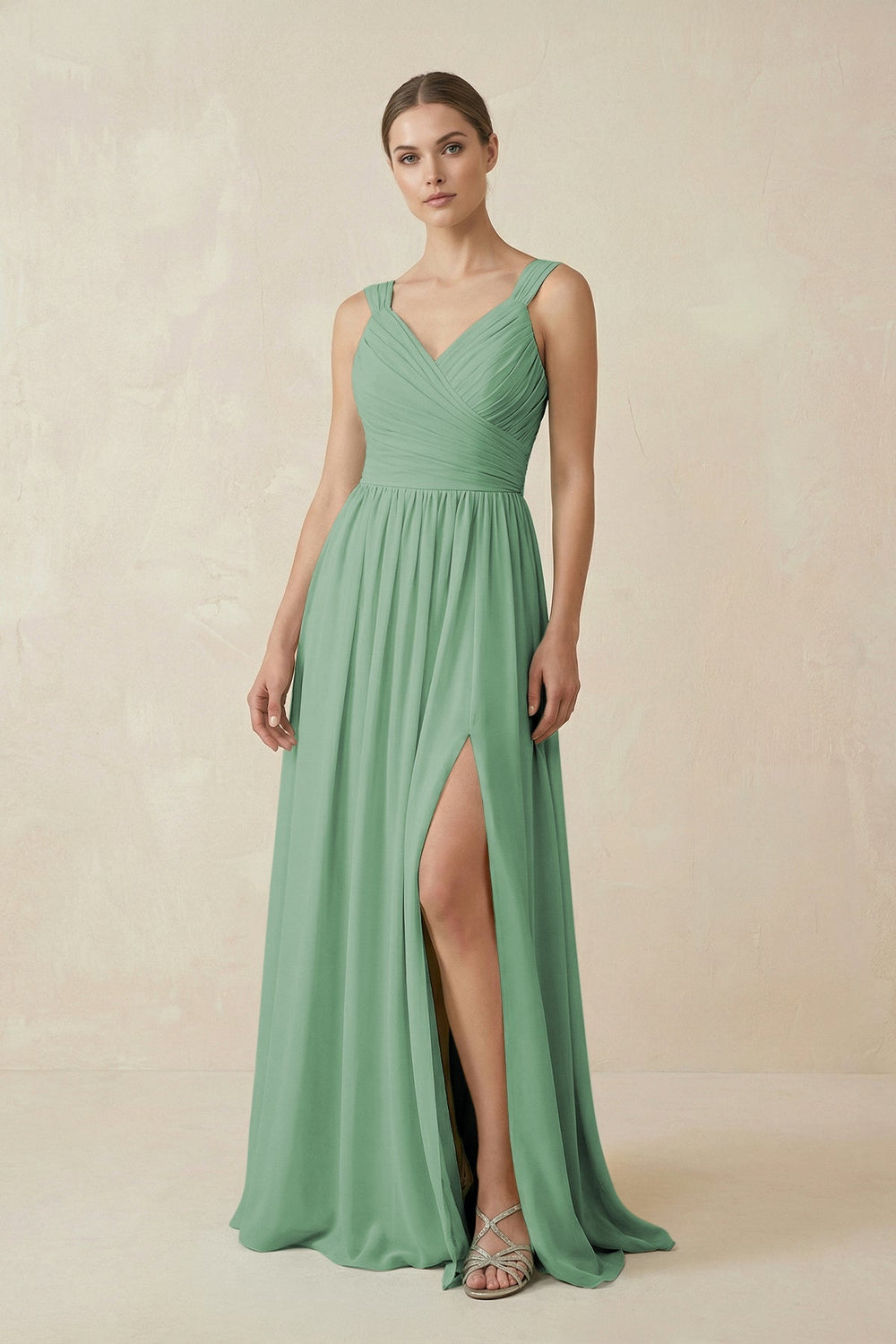 A - Line Pleated Chiffon Long Bridesmaid Dress in Sea Glass - KissProm Bridesmaid Dresses