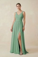 A - Line Pleated Chiffon Long Bridesmaid Dress in Sea Glass - KissProm Bridesmaid Dresses