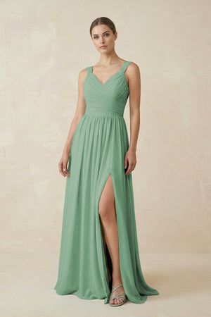 A - Line Pleated Chiffon Long Bridesmaid Dress in Sea Glass - KissProm Bridesmaid Dresses
