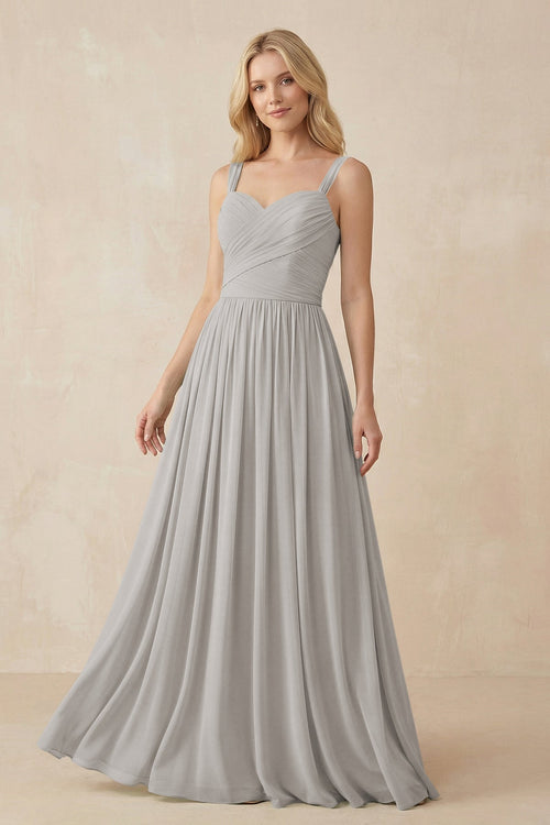 KissProm | A-Line Long Chiffon Pleated Bridesmaid Dress for Wedding in Silver KissProm | A-Line Long Chiffon Pleated Bridesmaid Dress for Wedding in Silver