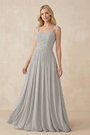 A - Line Pleated Chiffon Long Bridesmaid Dress in Silver - KissProm Bridesmaid Dresses