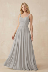 A - Line Pleated Chiffon Long Bridesmaid Dress in Silver - KissProm Bridesmaid Dresses