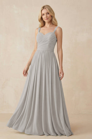 A - Line Pleated Chiffon Long Bridesmaid Dress in Silver - KissProm Bridesmaid Dresses