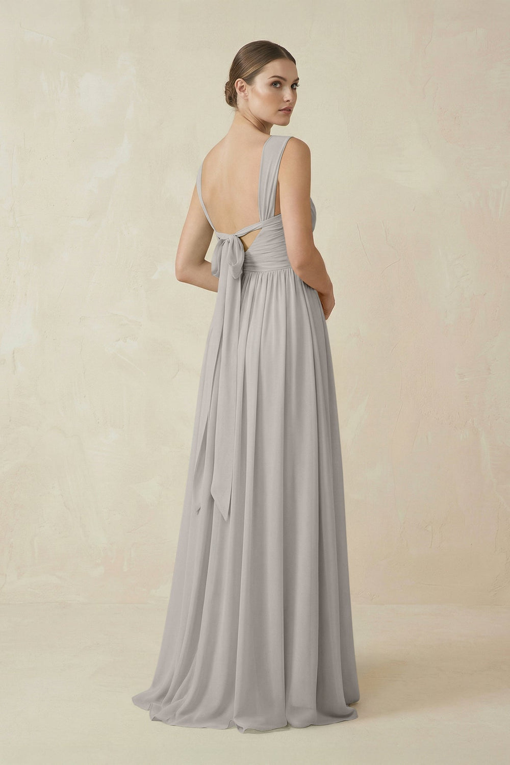 A - Line Pleated Chiffon Long Bridesmaid Dress in Silver - KissProm Bridesmaid Dresses