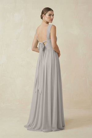 A - Line Pleated Chiffon Long Bridesmaid Dress in Silver - KissProm Bridesmaid Dresses