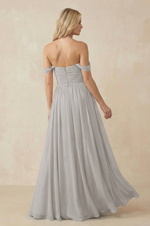 A - Line Pleated Chiffon Long Bridesmaid Dress in Silver - KissProm Bridesmaid Dresses
