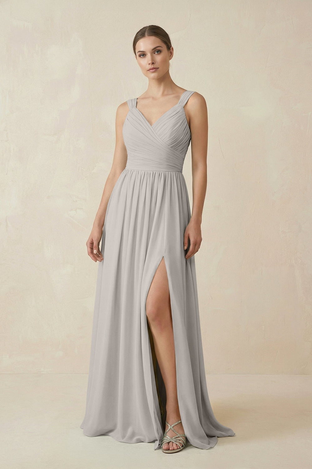 A - Line Pleated Chiffon Long Bridesmaid Dress in Silver - KissProm Bridesmaid Dresses