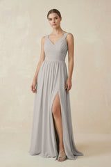 A - Line Pleated Chiffon Long Bridesmaid Dress in Silver - KissProm Bridesmaid Dresses