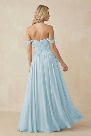 A - Line Pleated Chiffon Long Bridesmaid Dress in Sky Blue - KissProm Bridesmaid Dresses