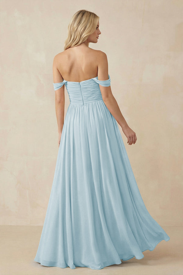 A - Line Pleated Chiffon Long Bridesmaid Dress in Sky Blue - KissProm Bridesmaid Dresses