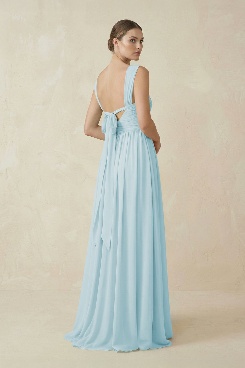 A - Line Pleated Chiffon Long Bridesmaid Dress in Sky Blue - KissProm Bridesmaid Dresses