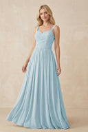 A - Line Pleated Chiffon Long Bridesmaid Dress in Sky Blue - KissProm Bridesmaid Dresses