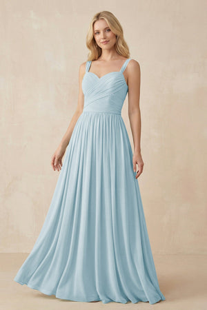 A - Line Pleated Chiffon Long Bridesmaid Dress in Sky Blue - KissProm Bridesmaid Dresses