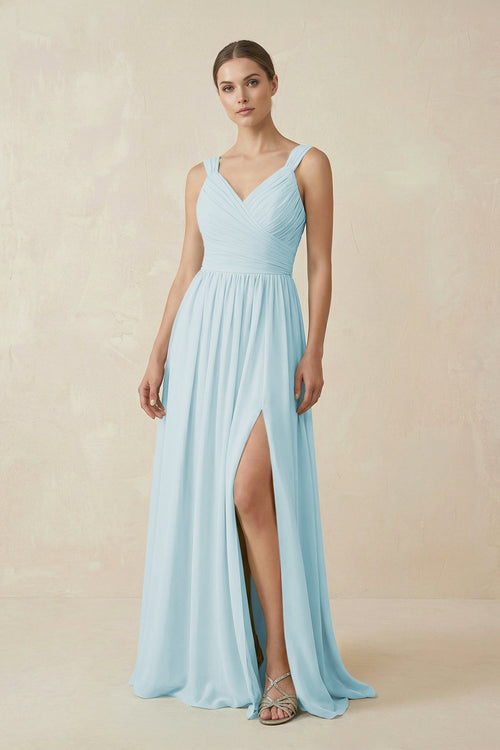 A - Line Pleated Chiffon Long Bridesmaid Dress in Sky Blue - KissProm Bridesmaid Dresses