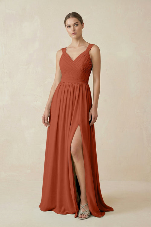A - Line Pleated Chiffon Long Bridesmaid Dress in Spice - KissProm Bridesmaid Dresses