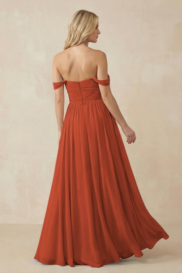 A - Line Pleated Chiffon Long Bridesmaid Dress in Spice - KissProm Bridesmaid Dresses