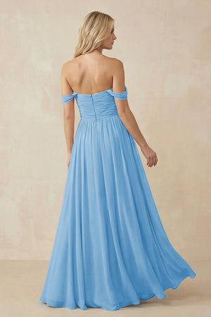 A - Line Pleated Chiffon Long Bridesmaid Dress in Steel Blue - KissProm Bridesmaid Dresses