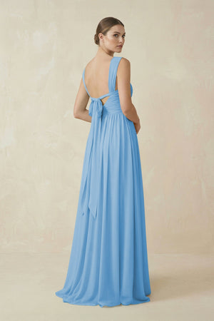 A - Line Pleated Chiffon Long Bridesmaid Dress in Steel Blue - KissProm Bridesmaid Dresses