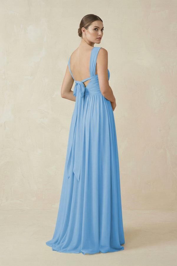 A - Line Pleated Chiffon Long Bridesmaid Dress in Steel Blue - KissProm Bridesmaid Dresses