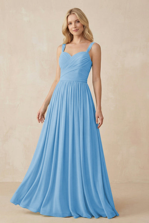 A-Line Pleated Long Chiffon Bridesmaid Dress in Steel Blue, Steel Blue / 28 A-Line Pleated Long Chiffon Bridesmaid Dress in Steel Blue, Steel Blue / 28