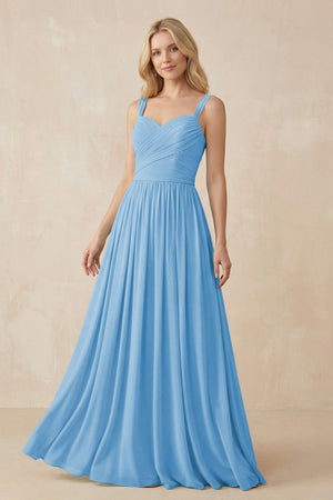 A - Line Pleated Chiffon Long Bridesmaid Dress in Steel Blue - KissProm Bridesmaid Dresses