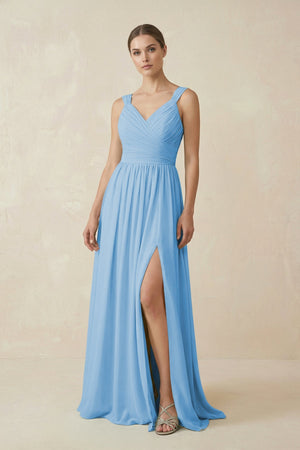 A - Line Pleated Chiffon Long Bridesmaid Dress in Steel Blue - KissProm Bridesmaid Dresses