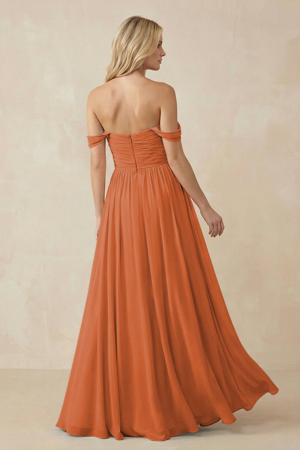 A - Line Pleated Chiffon Long Bridesmaid Dress in Terracotta - KissProm Bridesmaid Dresses