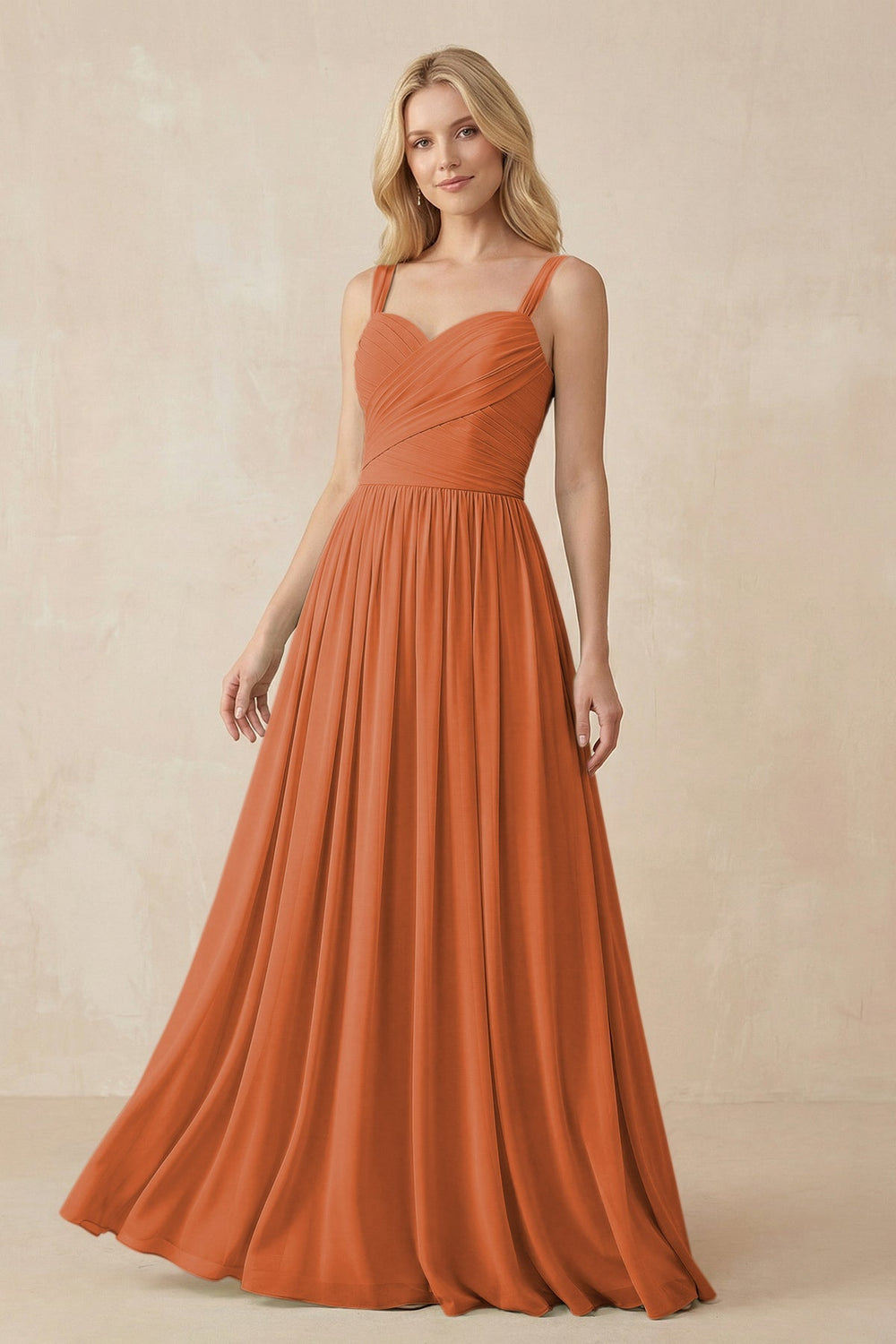 A - Line Pleated Chiffon Long Bridesmaid Dress in Terracotta - KissProm Bridesmaid Dresses