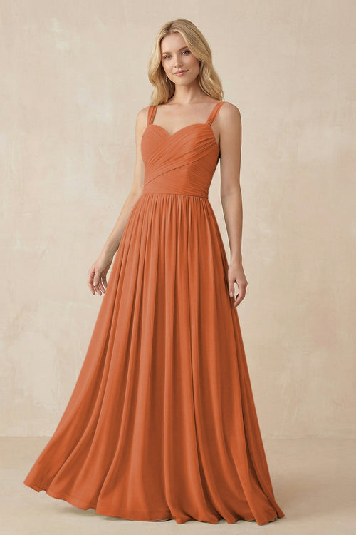 A - Line Pleated Chiffon Long Bridesmaid Dress in Terracotta - KissProm Bridesmaid Dresses