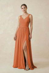 A - Line Pleated Chiffon Long Bridesmaid Dress in Terracotta - KissProm Bridesmaid Dresses