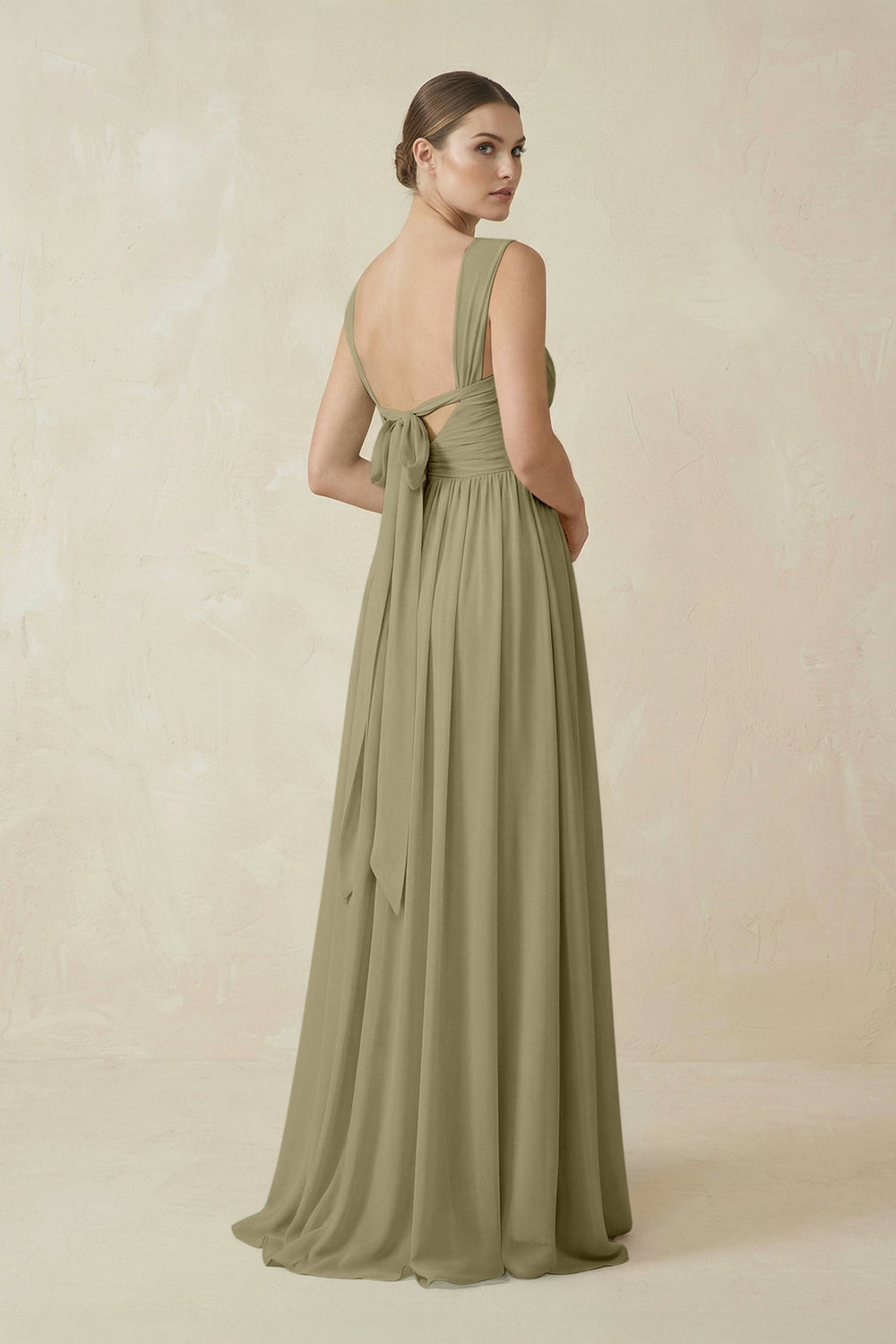 A - Line Pleated Chiffon Long Bridesmaid Dress in Thyme - KissProm Bridesmaid Dresses