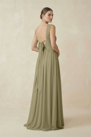 A - Line Pleated Chiffon Long Bridesmaid Dress in Thyme - KissProm Bridesmaid Dresses